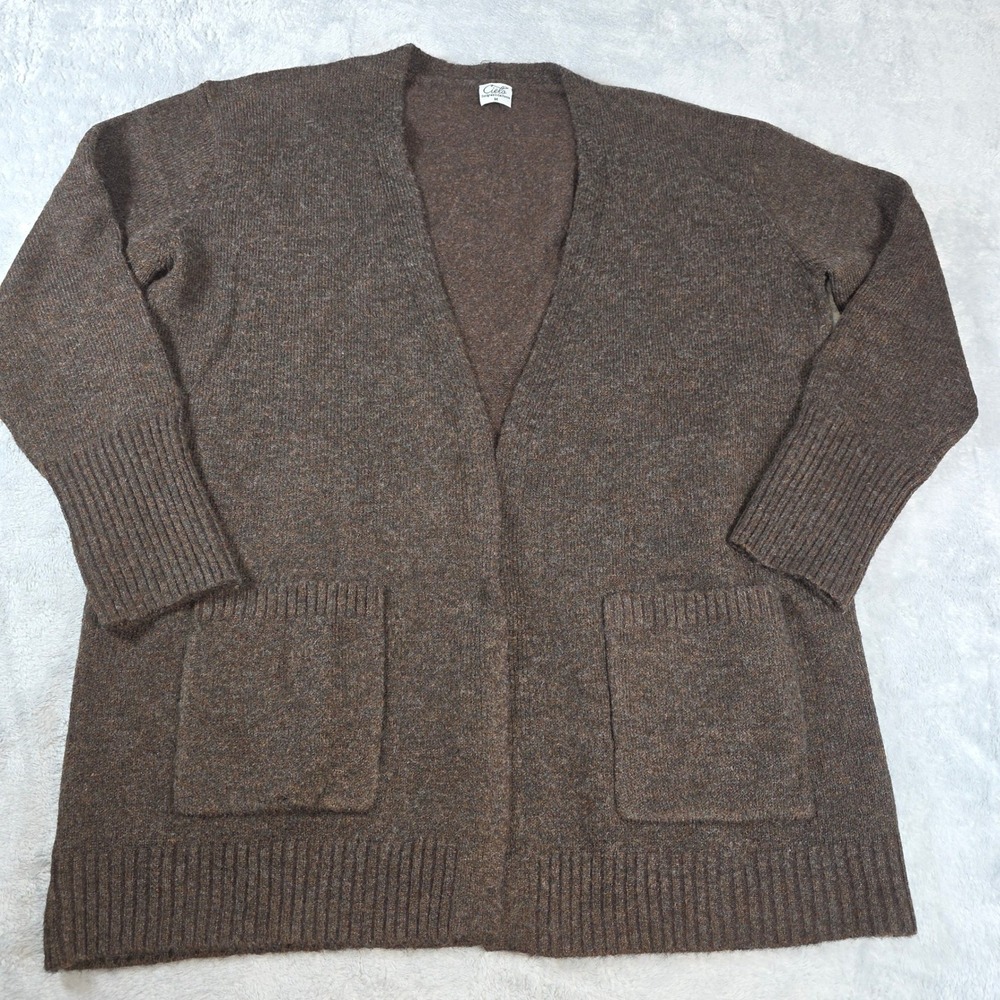 Cielo Womens Medium Brown Cardigan Open Front Pocket Heathered Knit Sweater